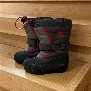 Sorel Youth Snow Boots - Black and Gray with Red Accents
